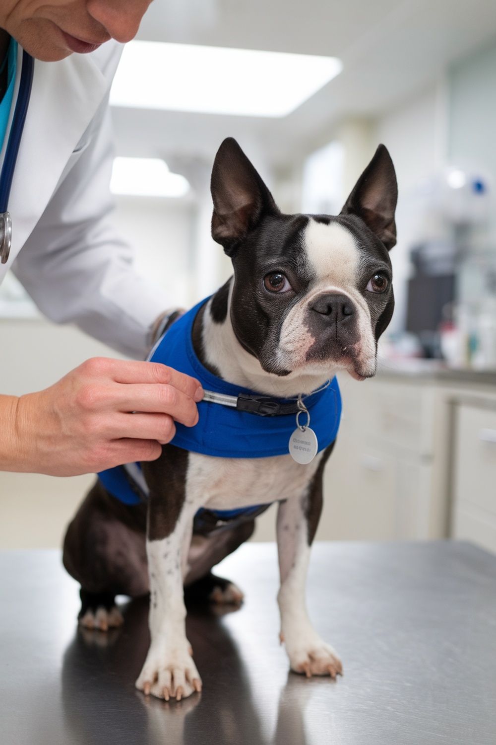 A Boston Terrier at the vet receiving a check-up.