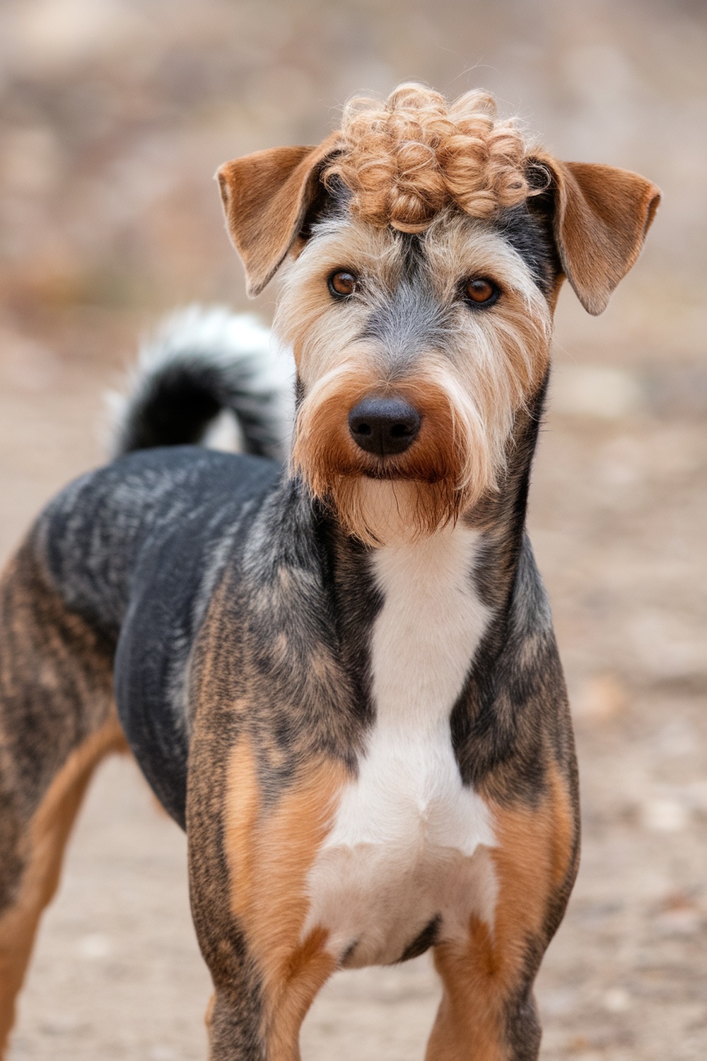 Airedale and Basenji mix dog with a curly top and a unique coat pattern.