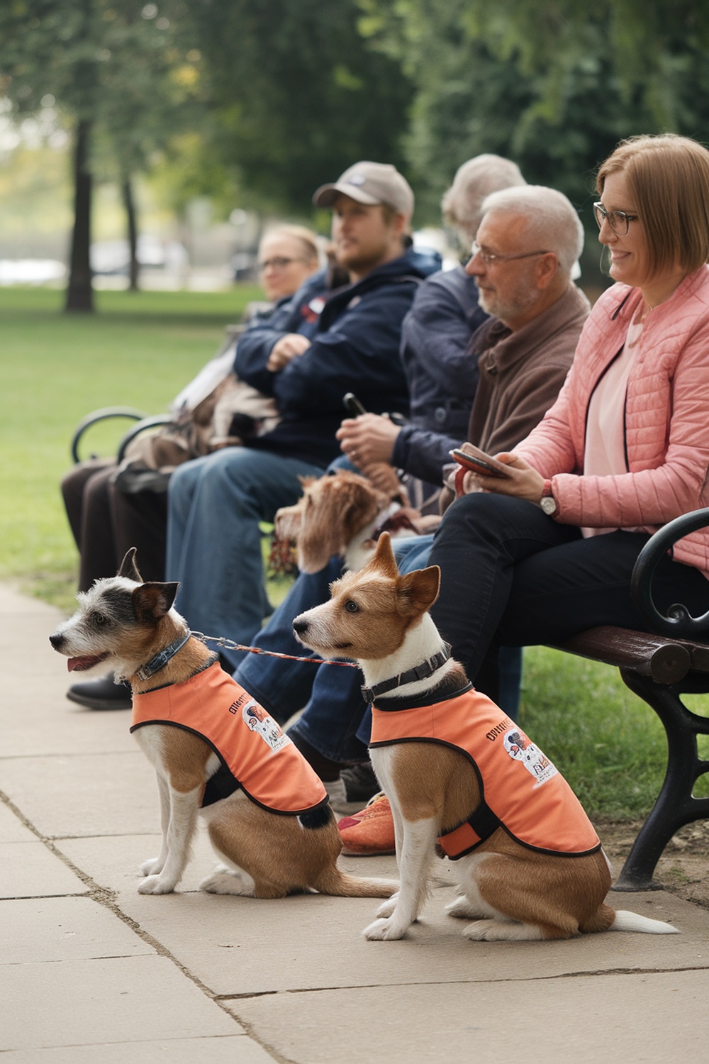 A group of people sitting on a bench in a park with two Border Terriers in orange vests.