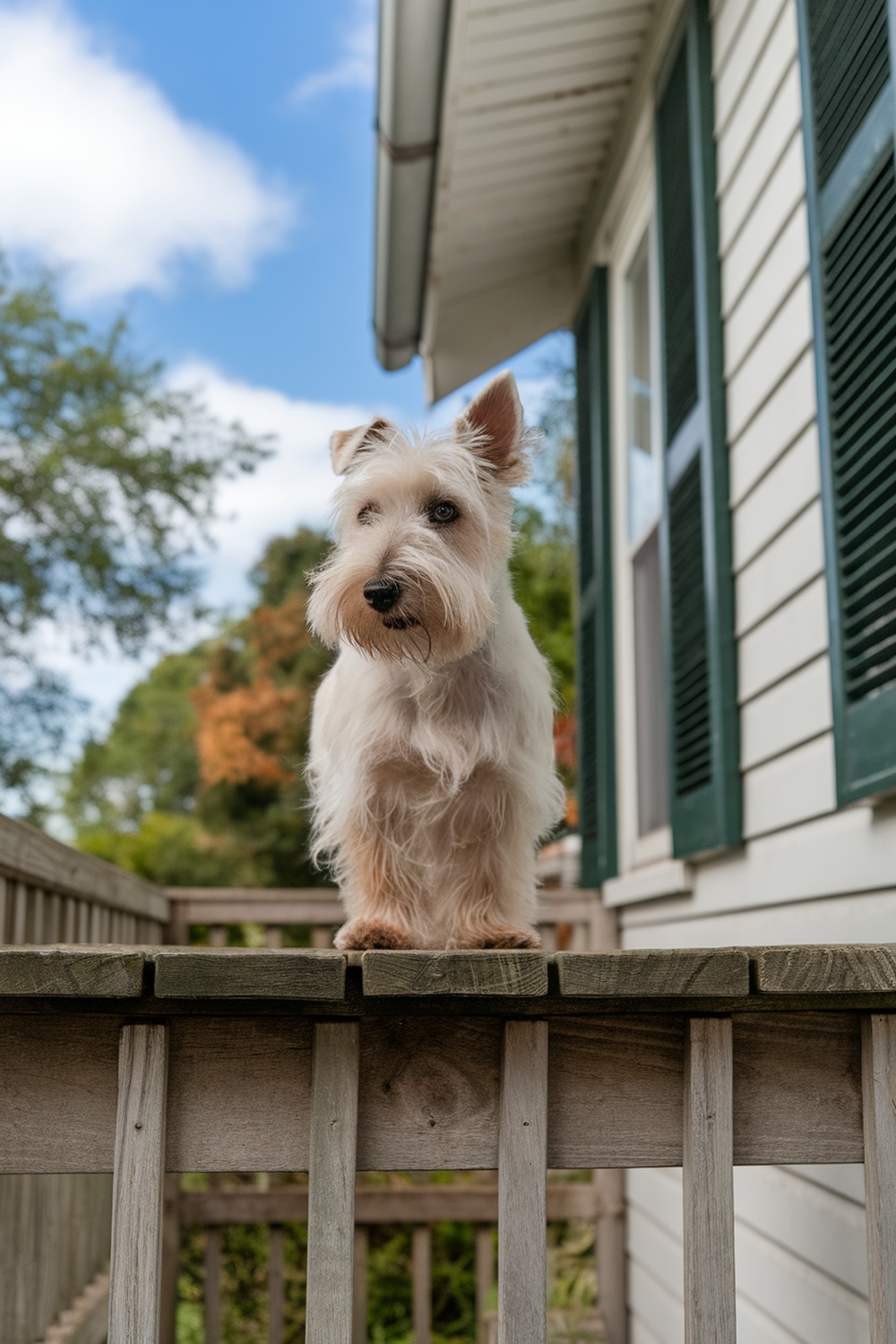 An Irish Terrier standing on a wooden railing, looking alert and watchful.