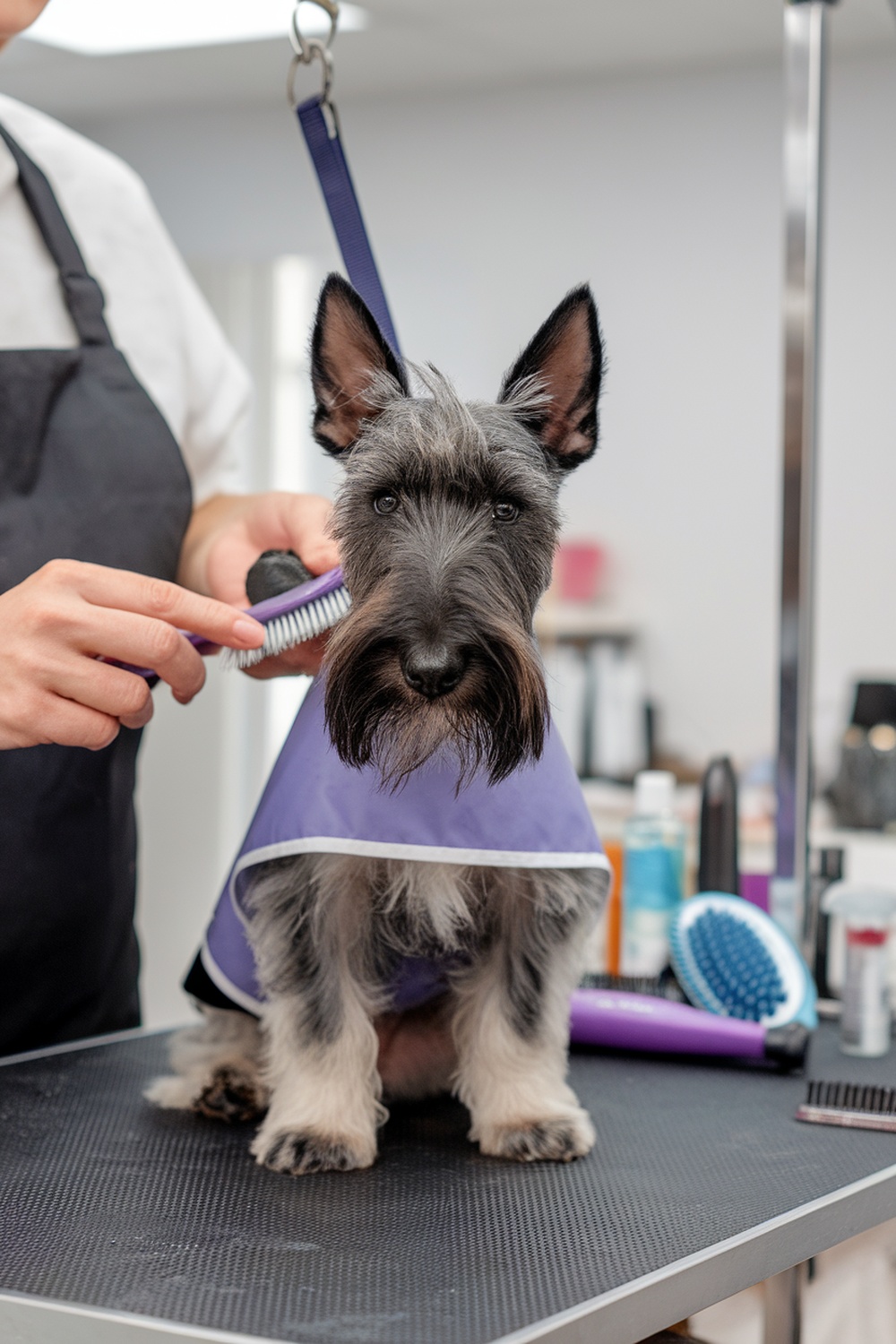 A Scottish Terrier being groomed by a professional, showcasing its distinctive coat.