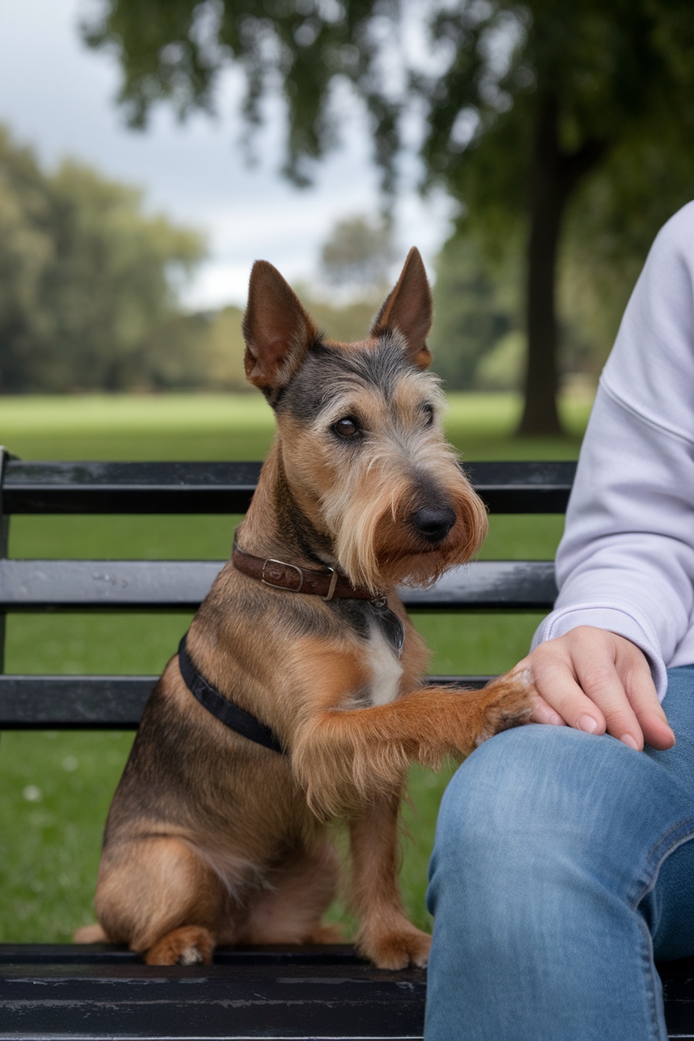 An Irish Terrier resting its paw on a person's knee, showing affection.