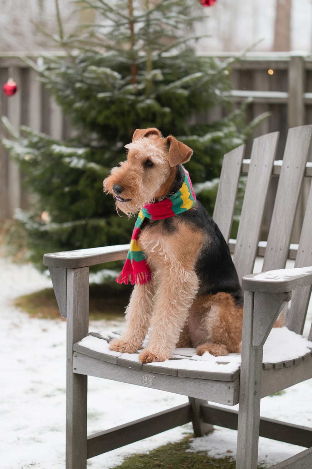 Airedale Terrier wearing a colorful scarf sitting on a snowy chair with a Christmas tree in the background.