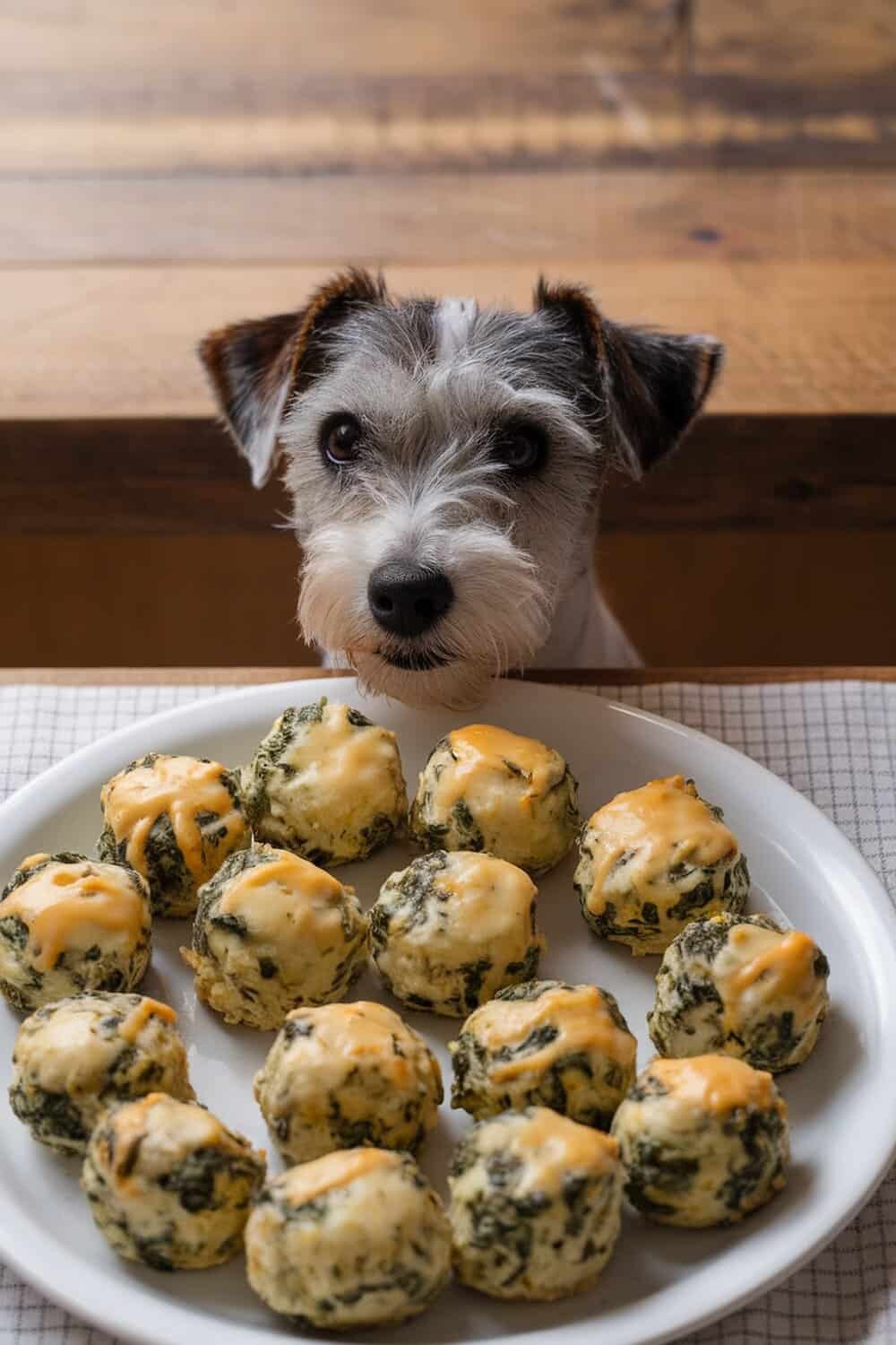A dog looking at a plate of cheesy spinach bites.