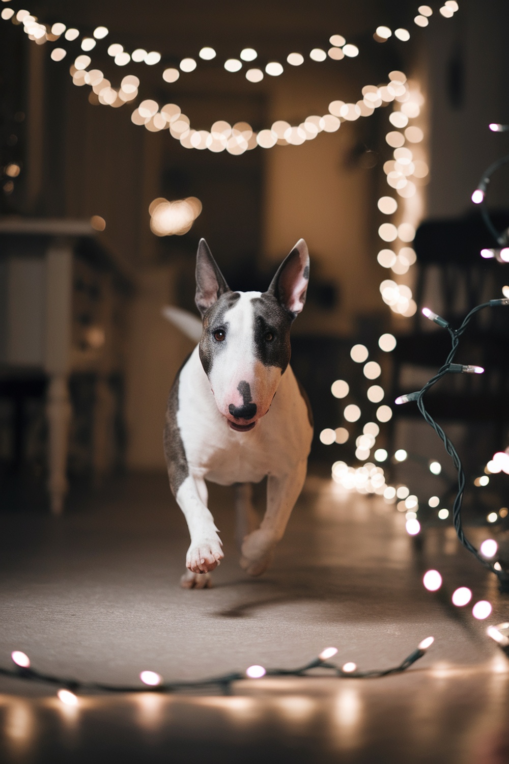 A Bull Terrier running through Christmas lights, creating a joyful scene.