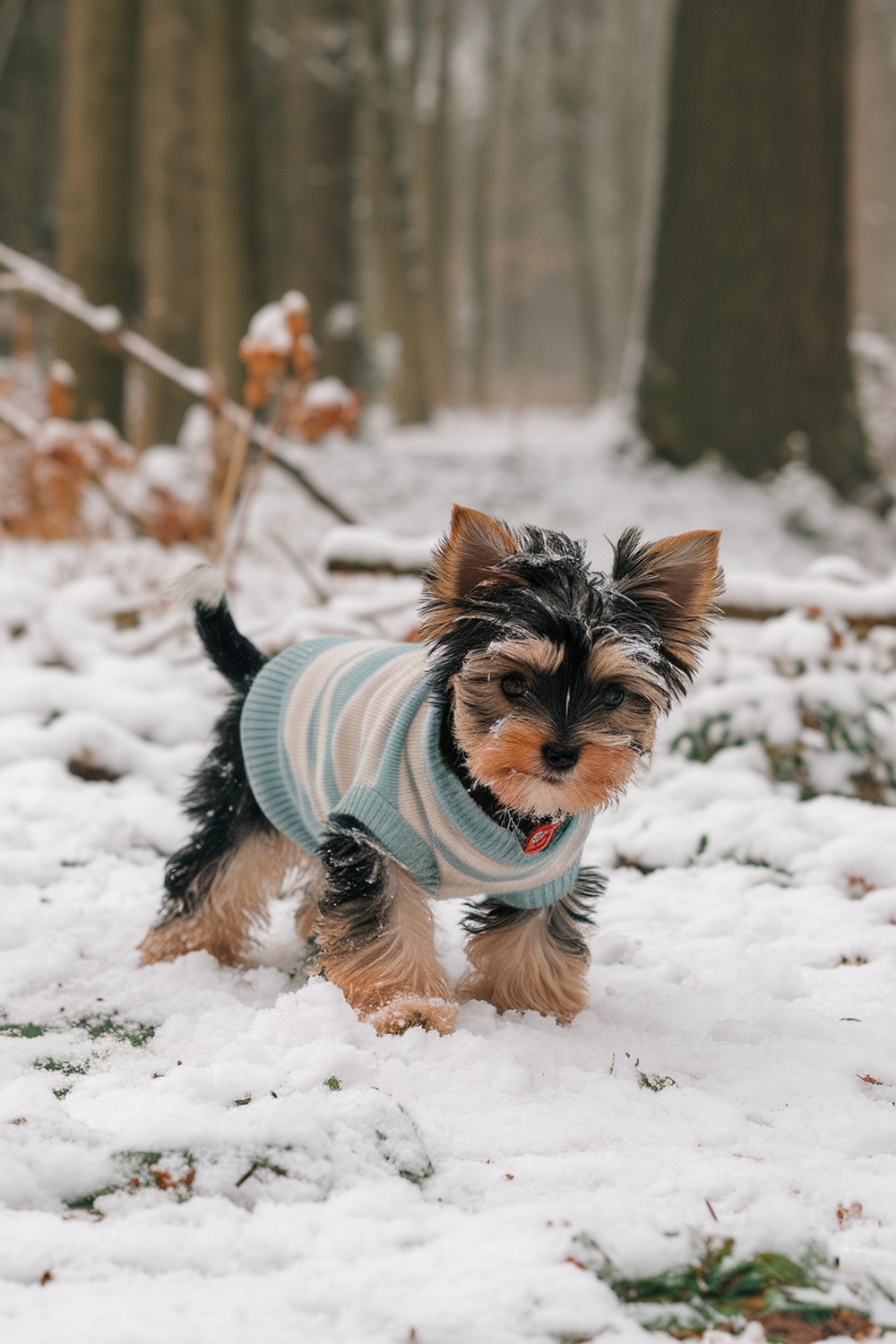 A Biewer Yorkie wearing a striped sweater in the snow.