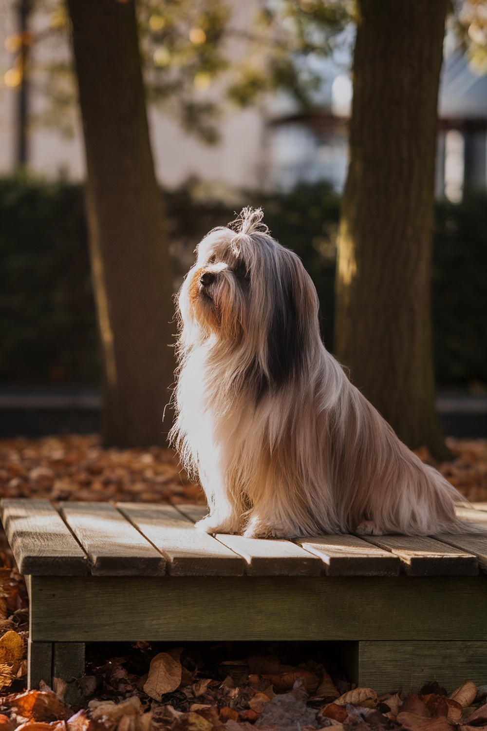 A Lhasa Apso sitting on a wooden platform surrounded by autumn leaves.