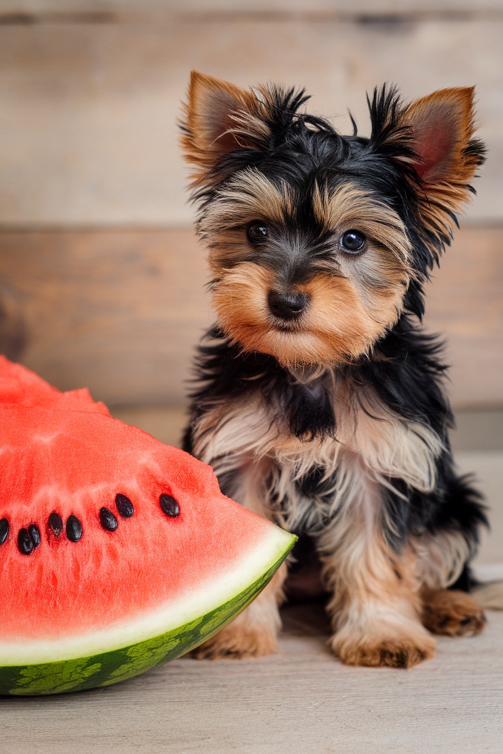 Yorkshire Terrier puppy sitting next to a slice of watermelon.