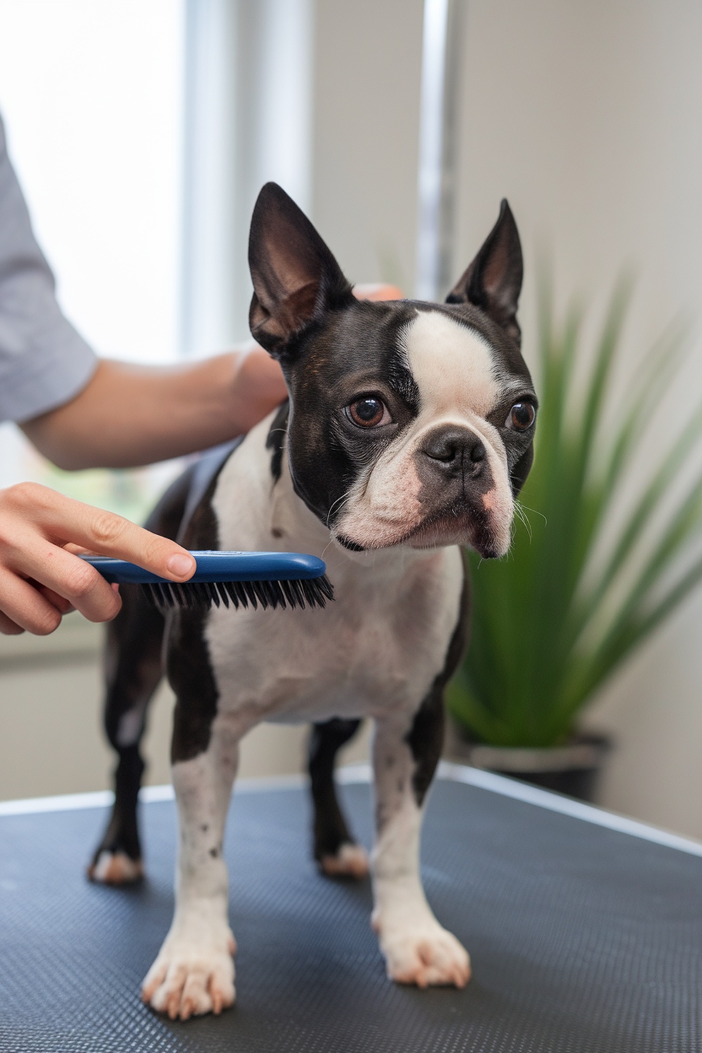 A Boston Terrier being brushed, showcasing its short coat and friendly demeanor.