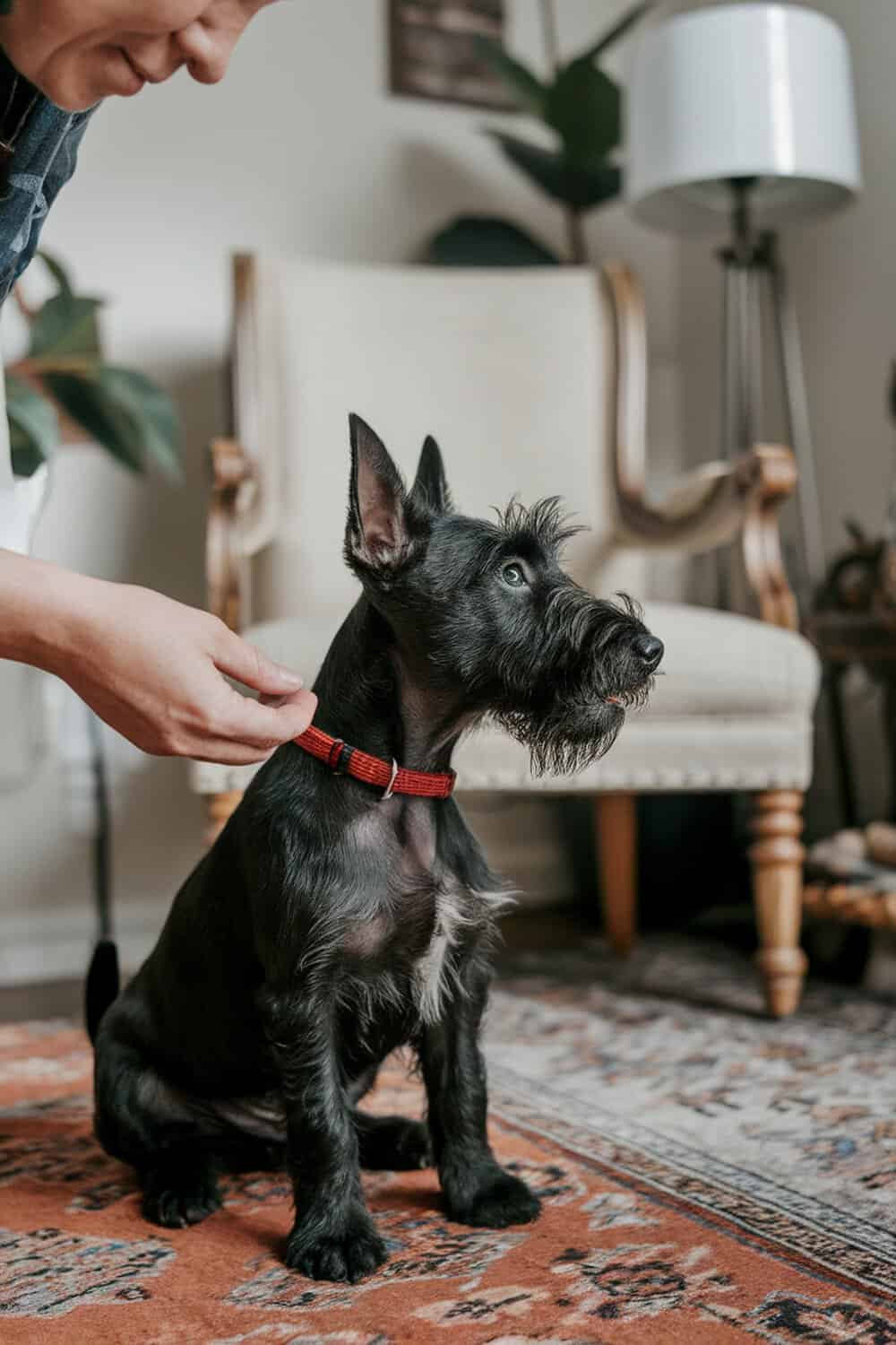 A person adjusting a collar on a Scottish Terrier puppy in a cozy living room.