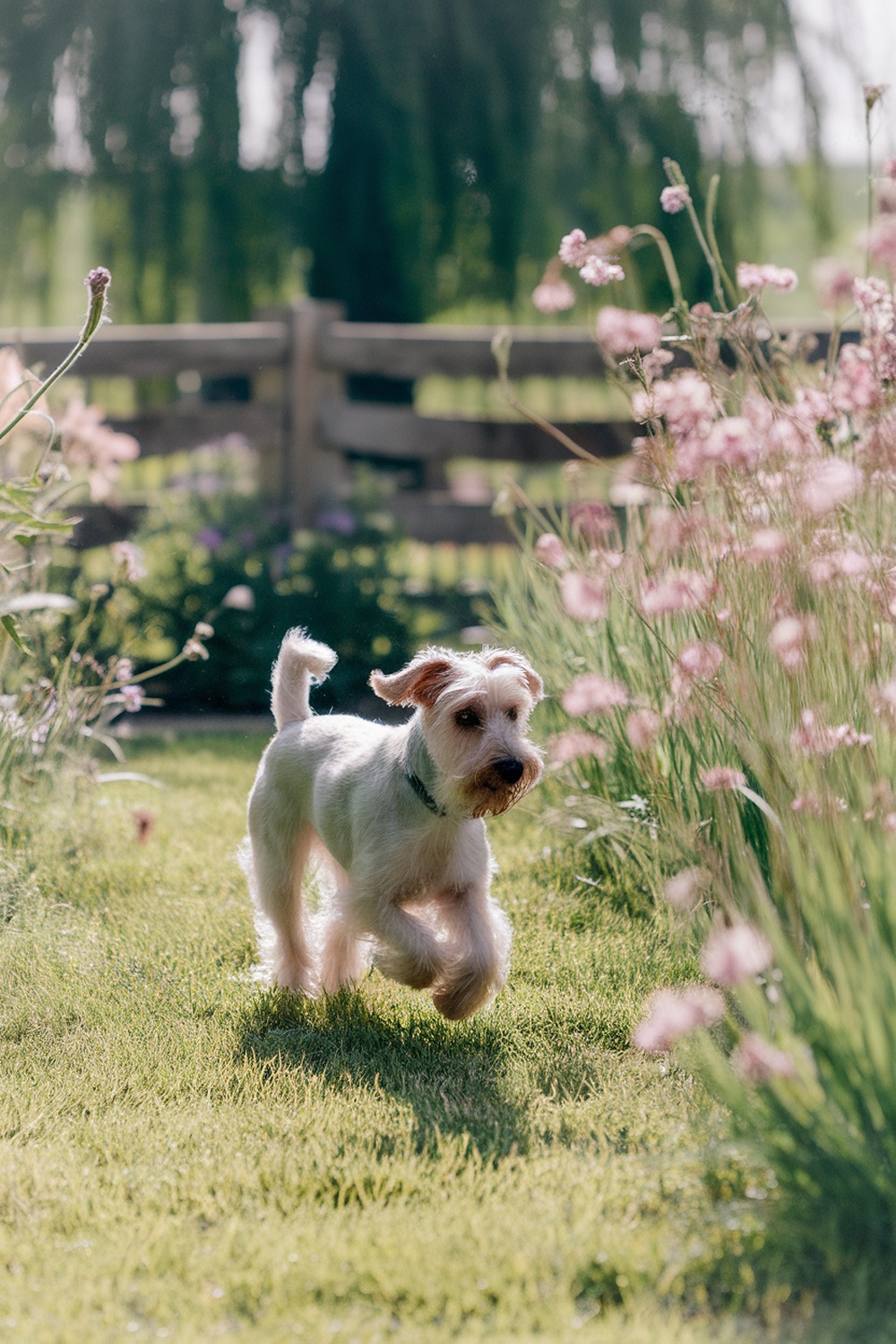 A Silky Terrier running through a garden filled with flowers.