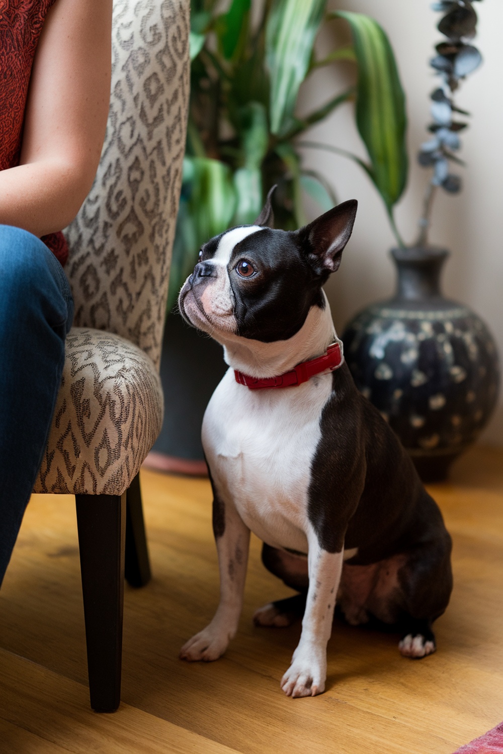 A Boston Terrier sitting beside a person, showing a sensitive demeanor.