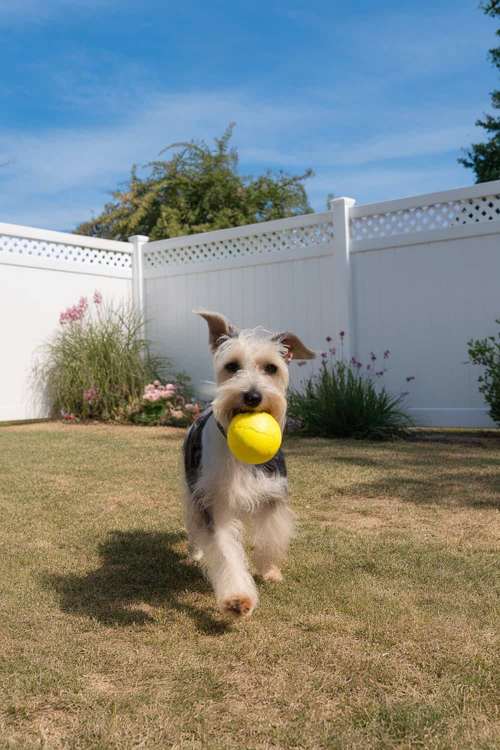A Wire Fox Terrier running with a yellow ball in its mouth in a backyard.