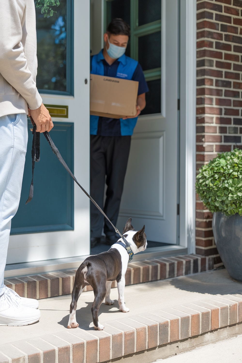 A Boston Terrier puppy standing on a porch while a delivery person approaches the door.