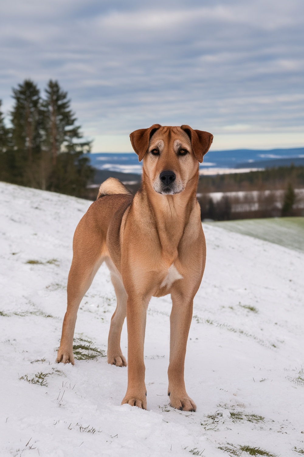 Airedale and Akita mix standing in a snowy landscape.