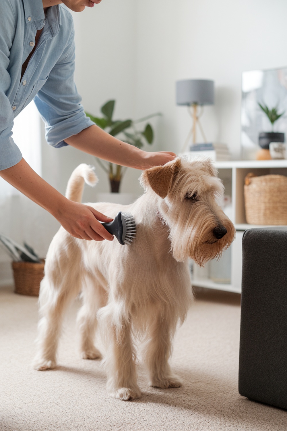 A person brushing a Wheaten Terrier's coat in a cozy living room.
