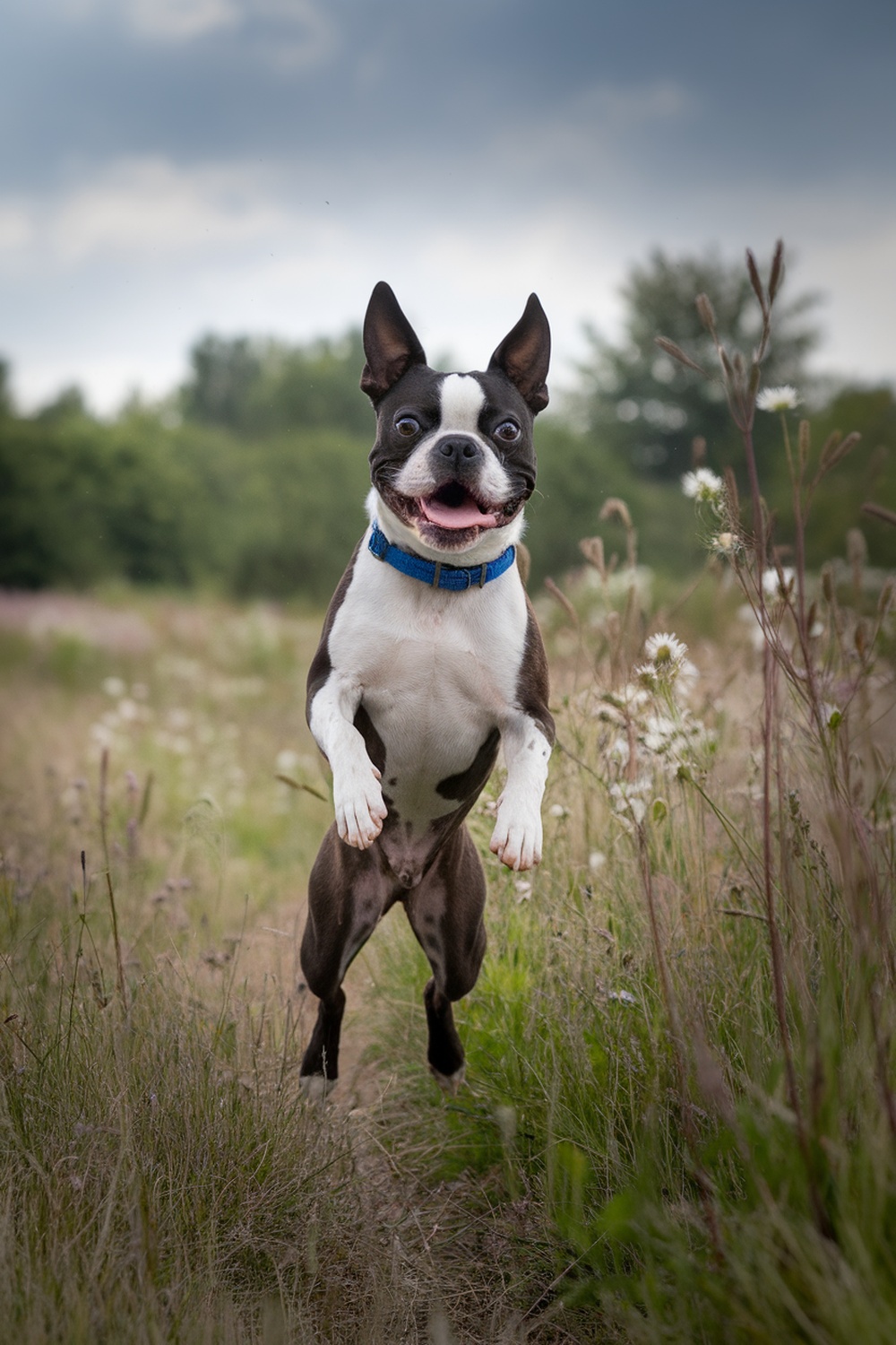 A joyful Boston Terrier jumping in a field with a big smile.