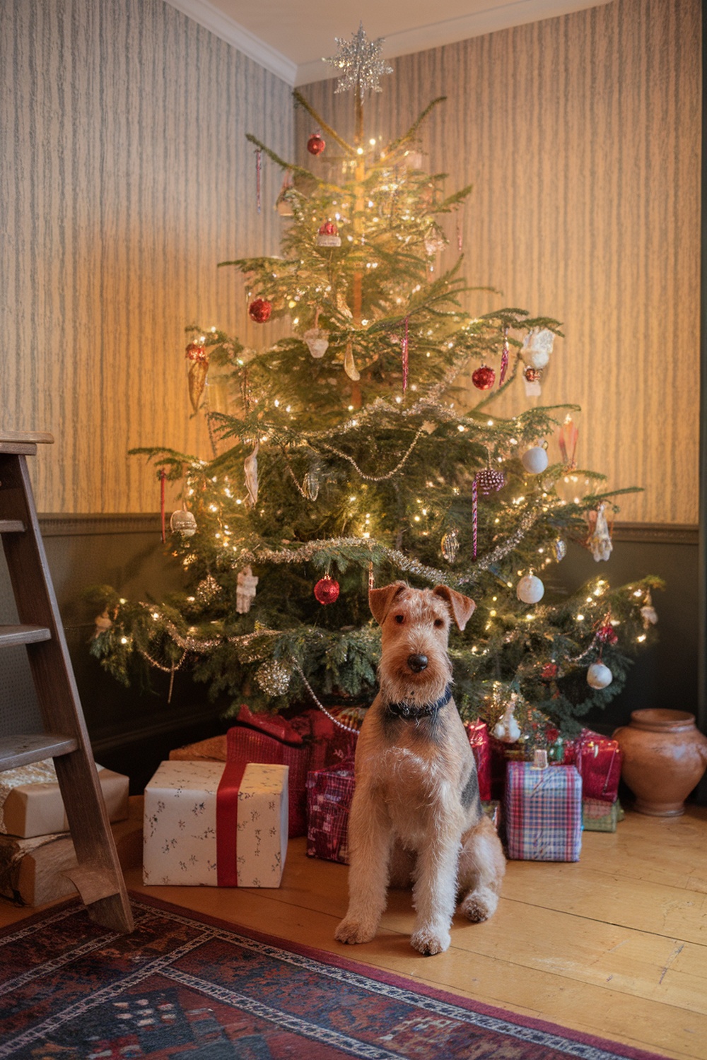 Airedale Terrier sitting by a beautifully decorated Christmas tree with gifts.