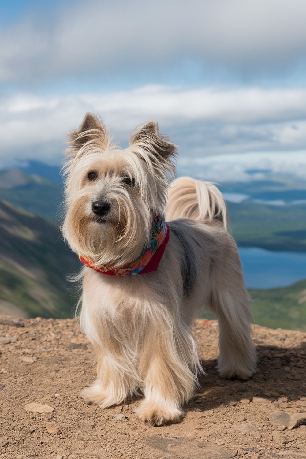 A Tibetan Terrier standing on a rocky surface with a scenic background.