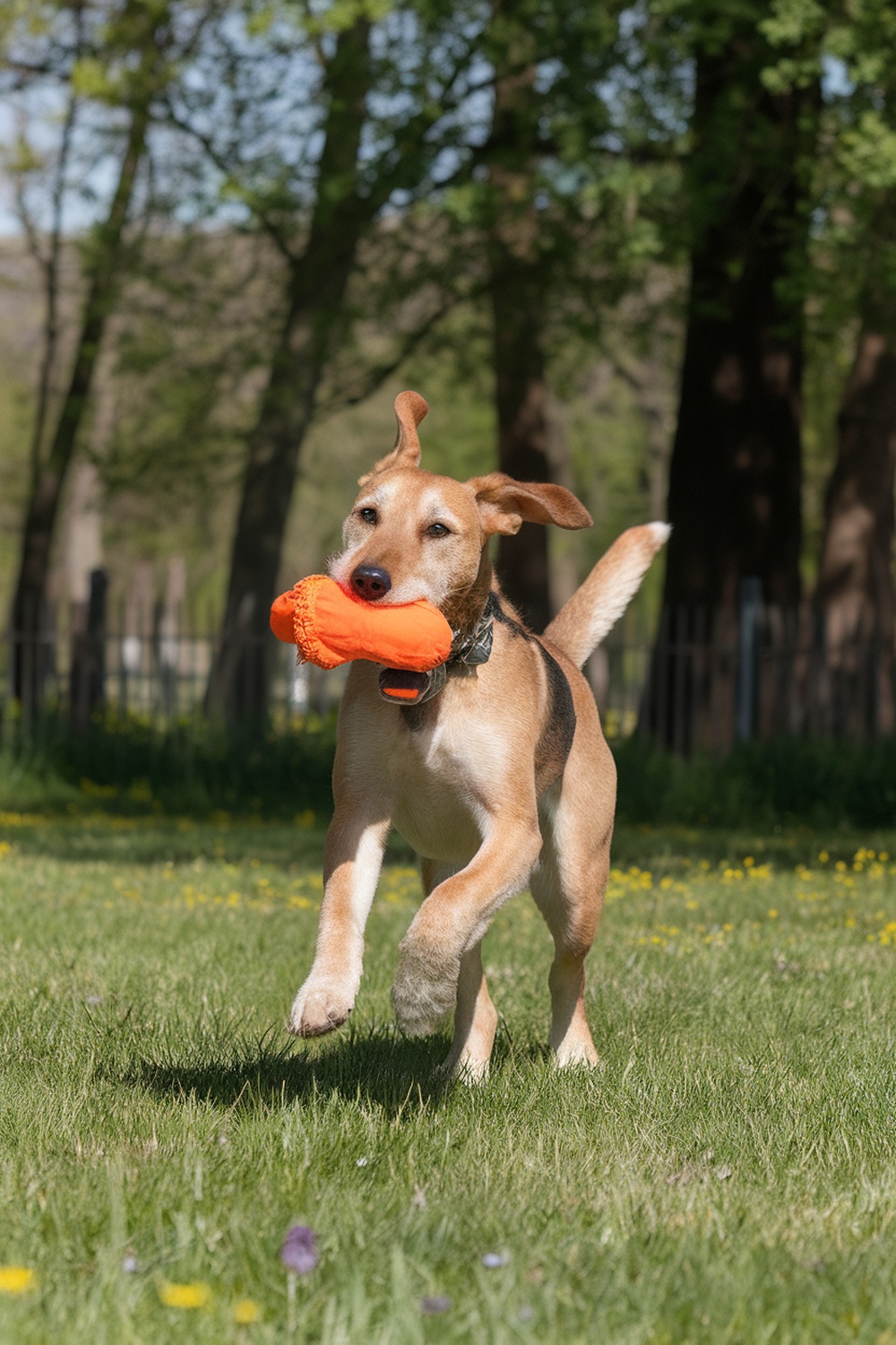 Airedale and Labrador Retriever mix playing with an orange toy in a grassy field.