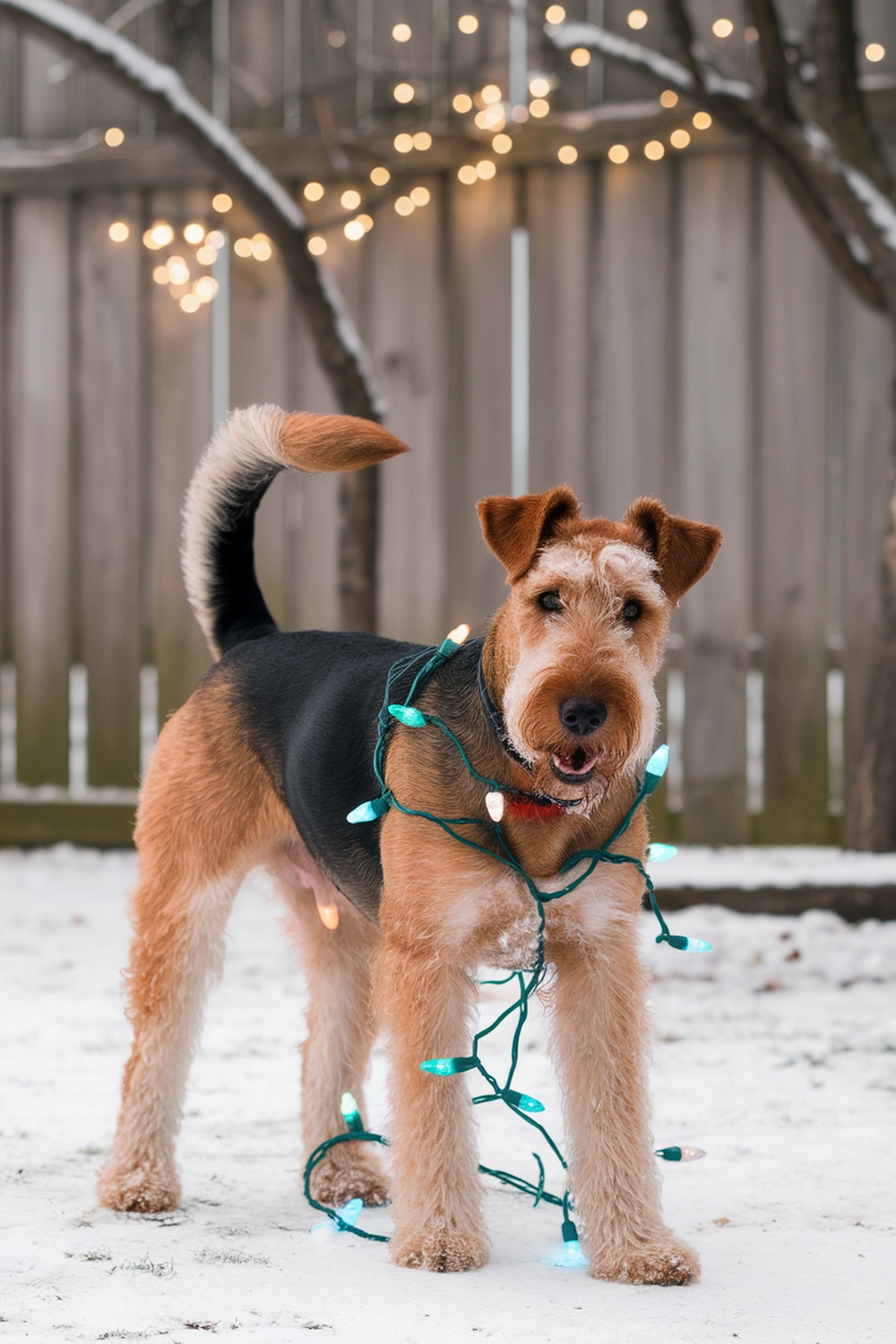 Airedale Terrier wrapped in holiday lights in a snowy setting