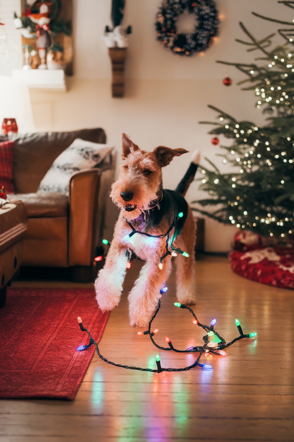 Airedale Terrier playfully wrapped in Christmas lights, surrounded by holiday decorations.