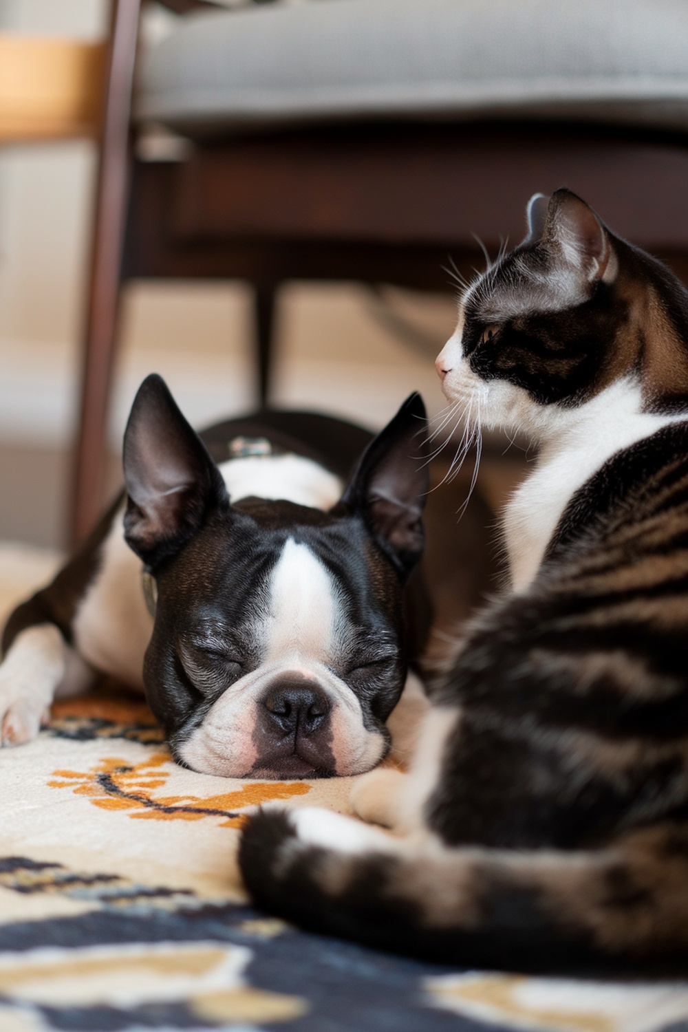 A Boston Terrier sleeping peacefully next to a cat on a patterned rug.