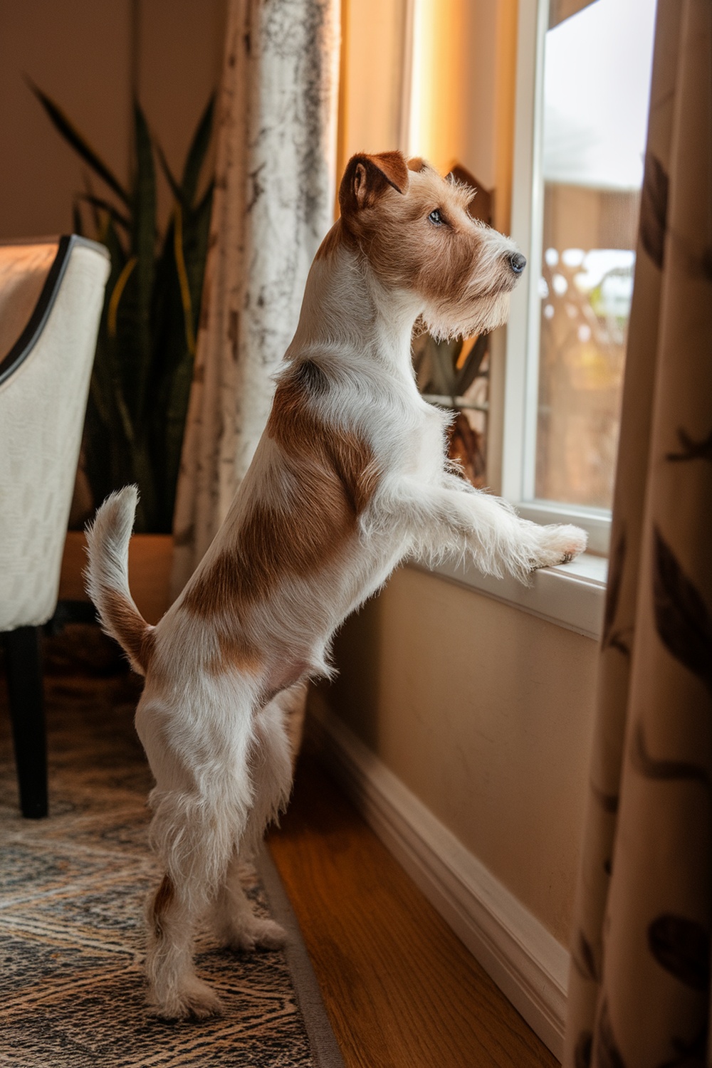 A Wire Fox Terrier standing on its hind legs, looking out the window.