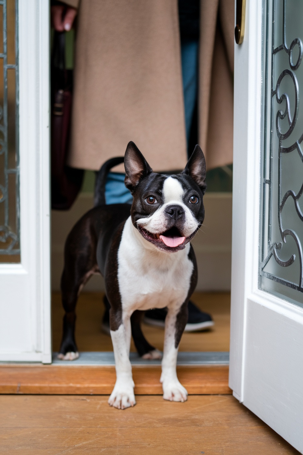 A Boston Terrier standing at the door, looking friendly and eager to greet visitors.