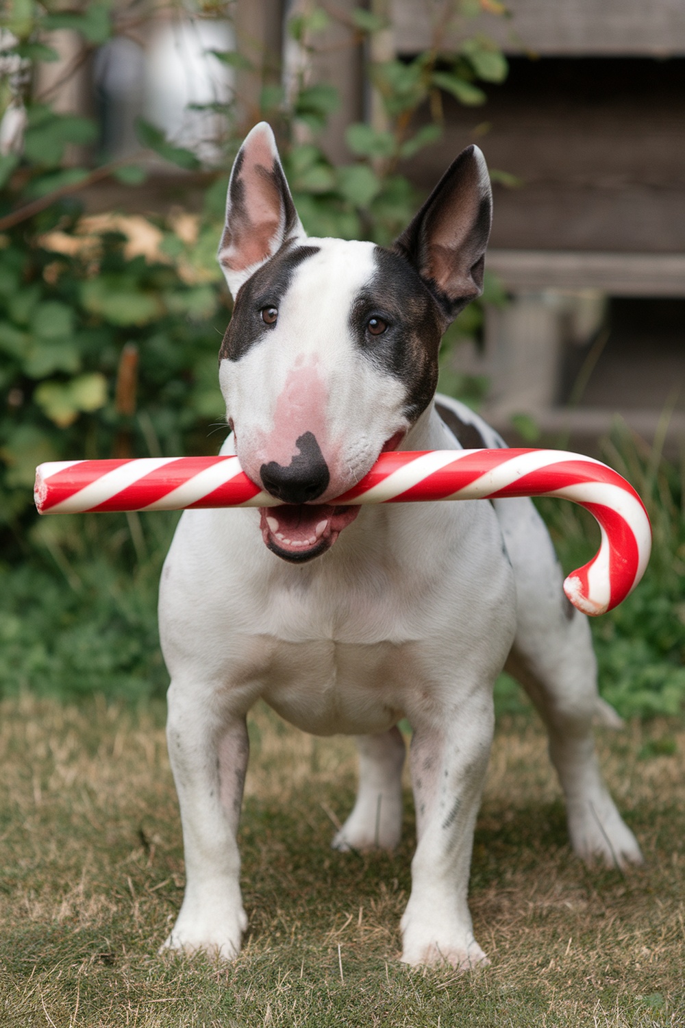 Bull Terrier holding a candy cane in its mouth, looking cheerful