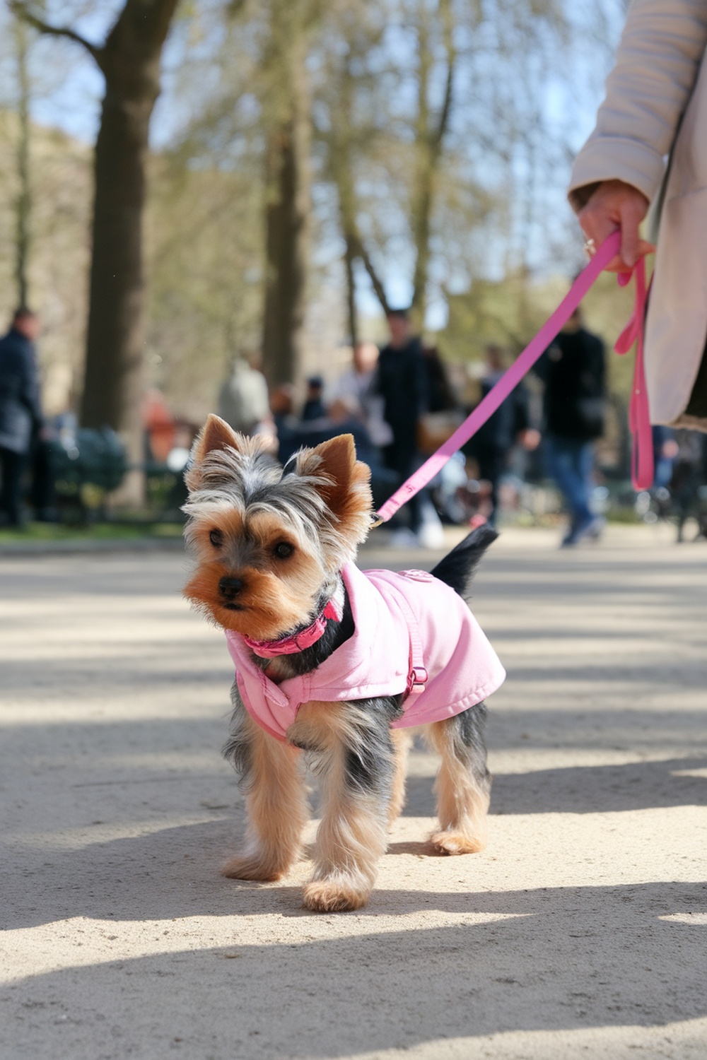 A Yorkie puppy girl in a pink coat walking on a leash in a park.
