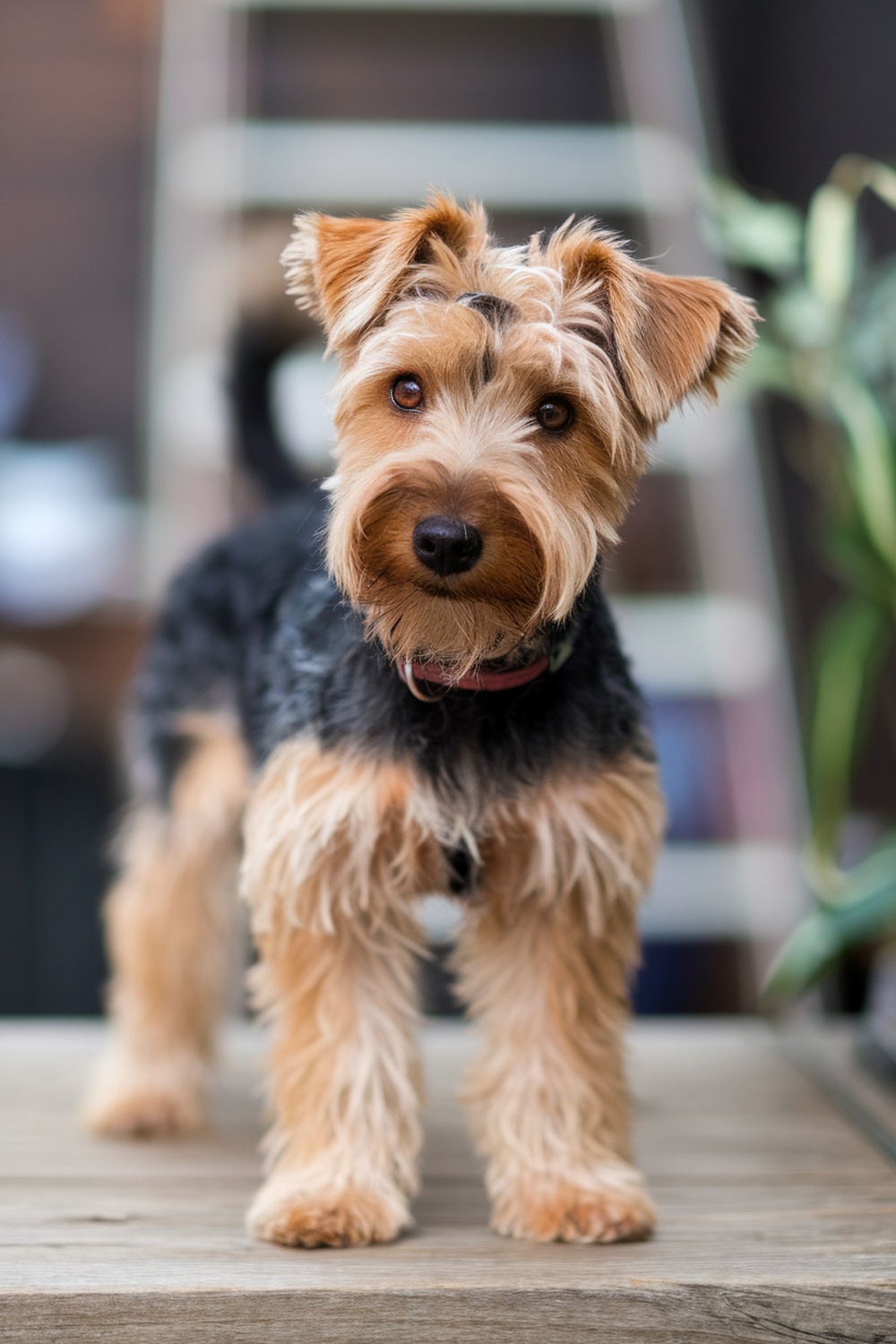 Airedale and Yorkshire Terrier mix standing on a wooden surface.