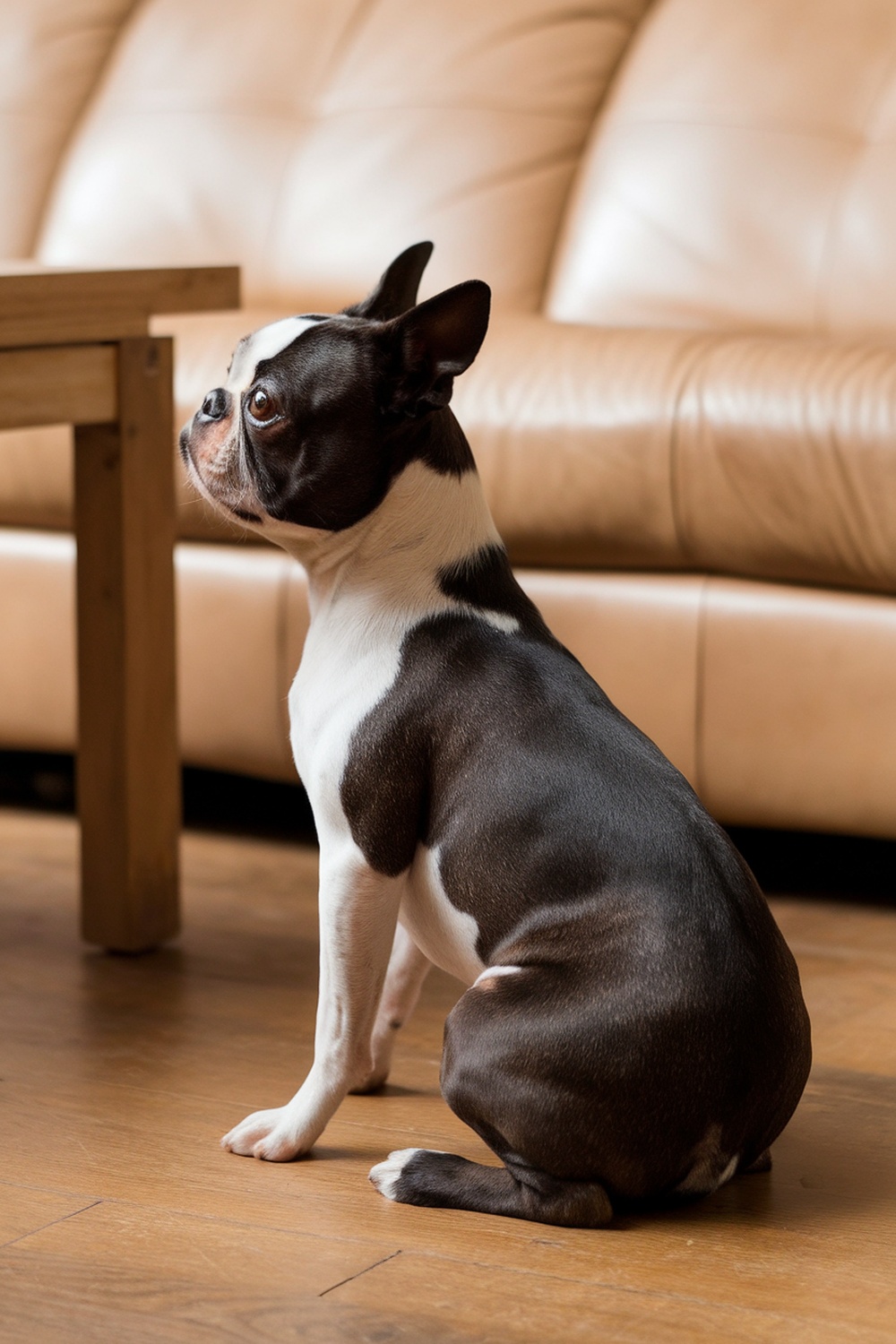 A Boston Terrier sitting on a wooden floor, looking attentively.