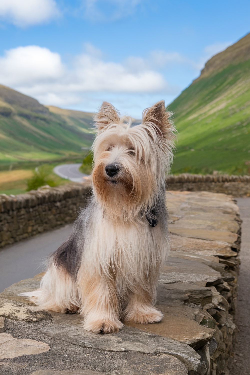 A Lakeland Terrier sitting on a stone wall with a scenic background of hills and a winding road.