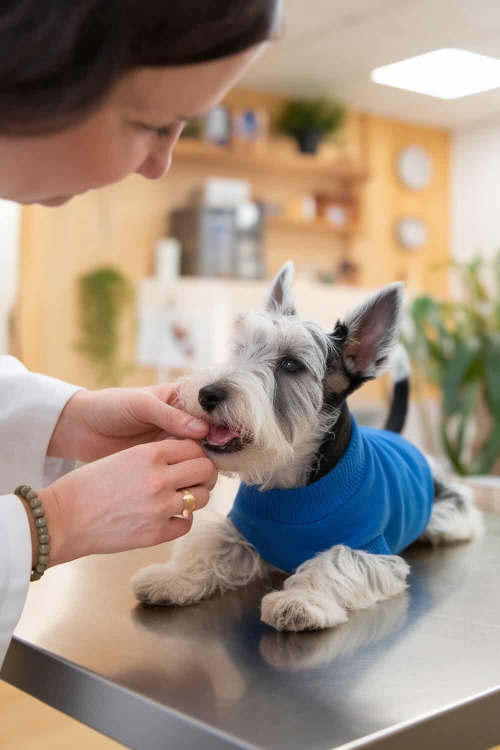 A veterinarian examining a Scottish Terrier puppy in a clinic.