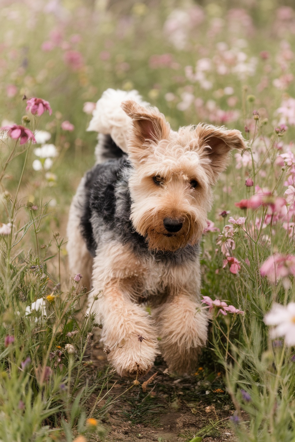 Airedale Terrier mix running through a field of flowers.