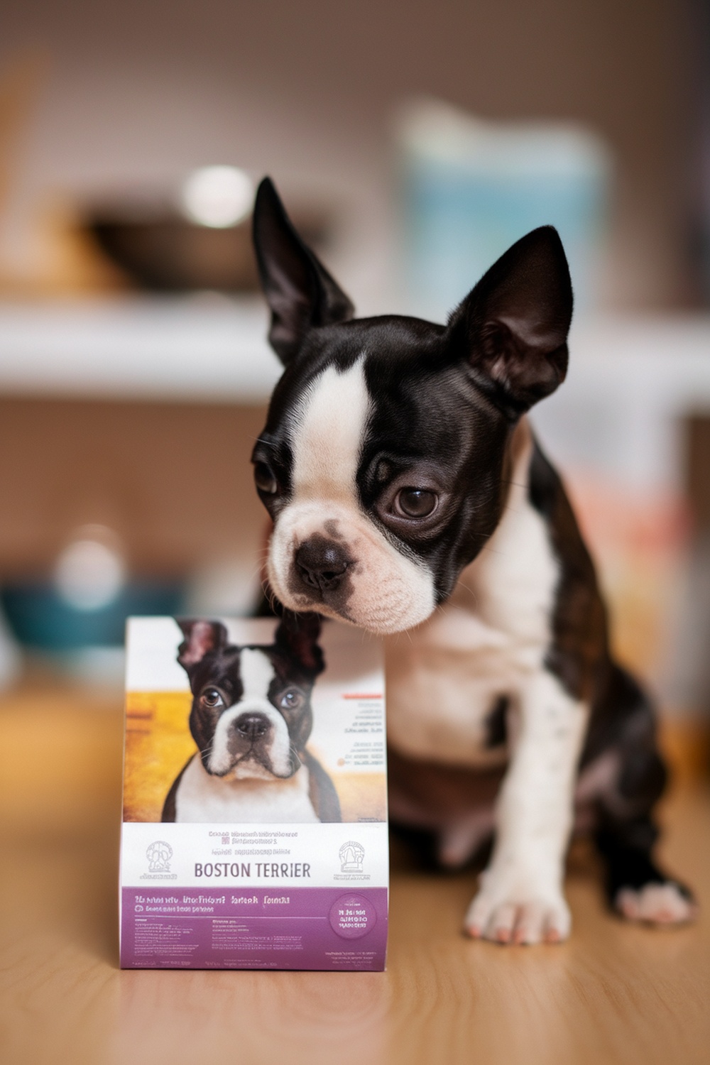 A Boston Terrier puppy sitting next to a food package with its breed on the label.