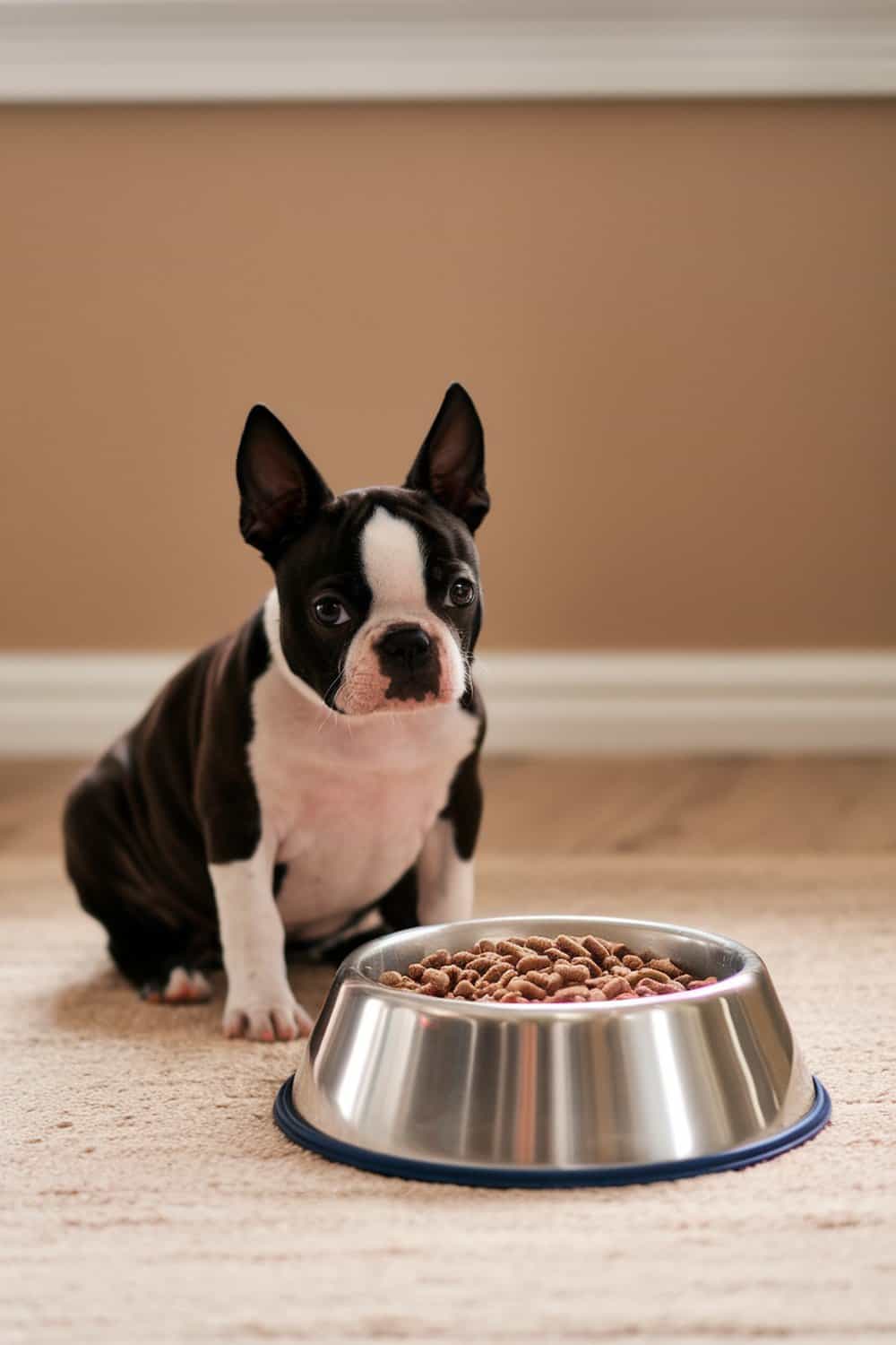 A Boston Terrier puppy sitting next to a bowl of dog food.
