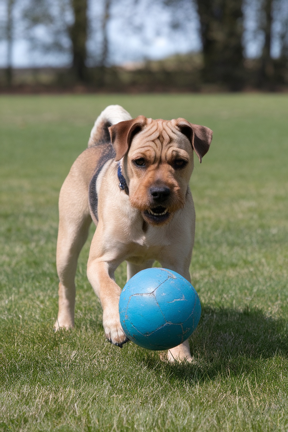 Airedale and Pug mix playing with a blue ball in a grassy field.