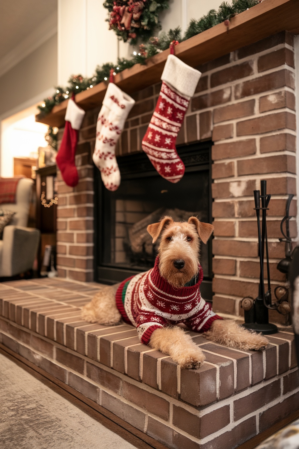Airedale Terrier in a Christmas sweater sitting by a fireplace with stockings