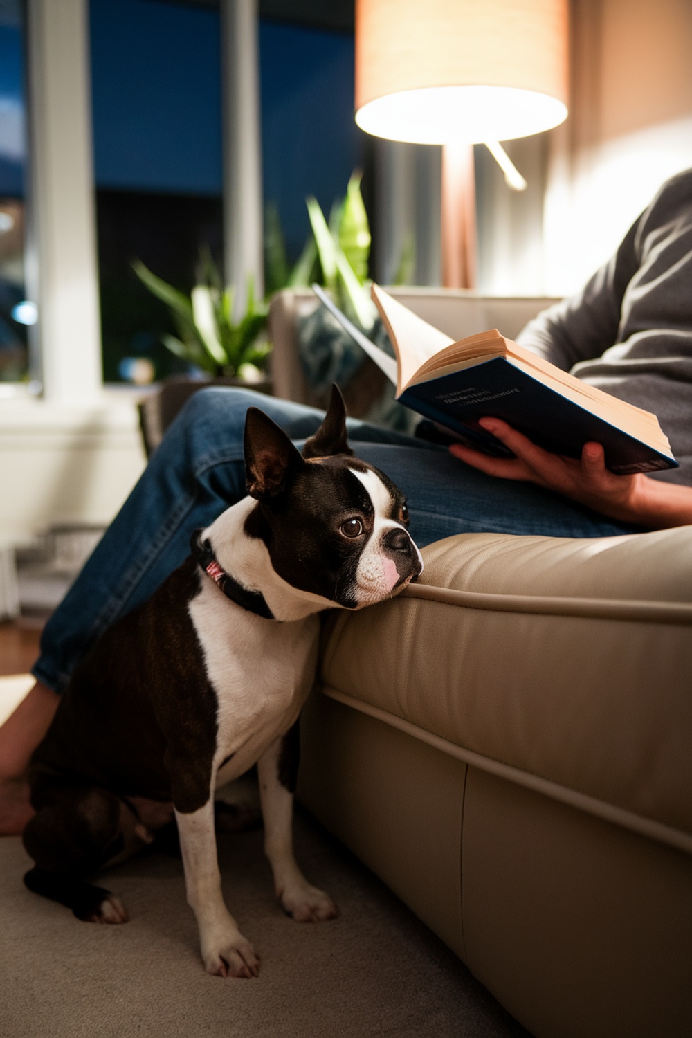 A Boston Terrier sitting beside a person reading a book on a couch.