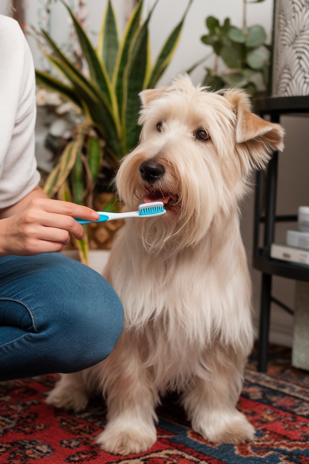 A person brushing a Wheaten Terrier's teeth with a toothbrush.