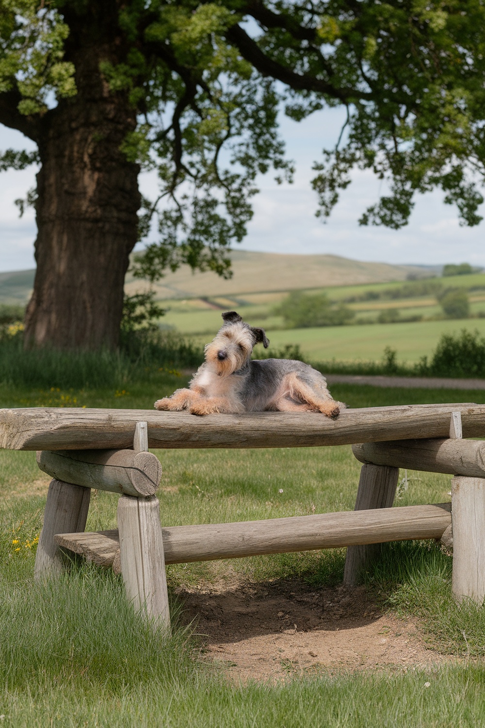 A Glen of Imaal Terrier relaxing on a wooden bench in a scenic outdoor setting.