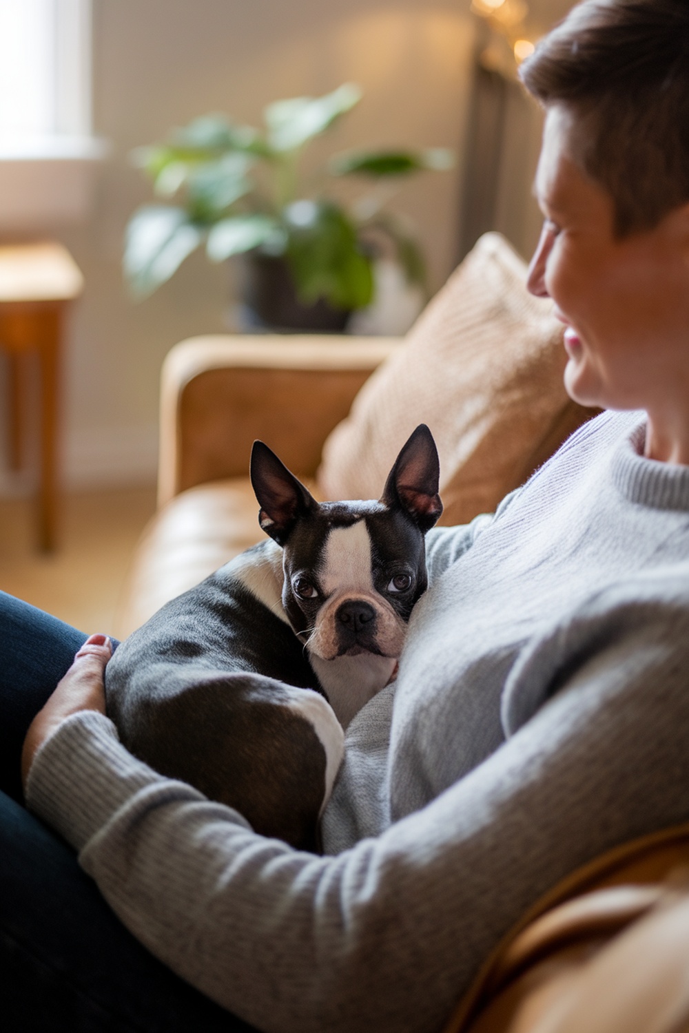 A Boston Terrier snuggled in the arms of a person, enjoying a cozy moment together.