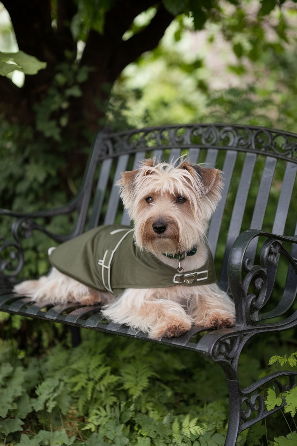 A Sealyham Terrier sitting on a bench in a garden, wearing a green coat.