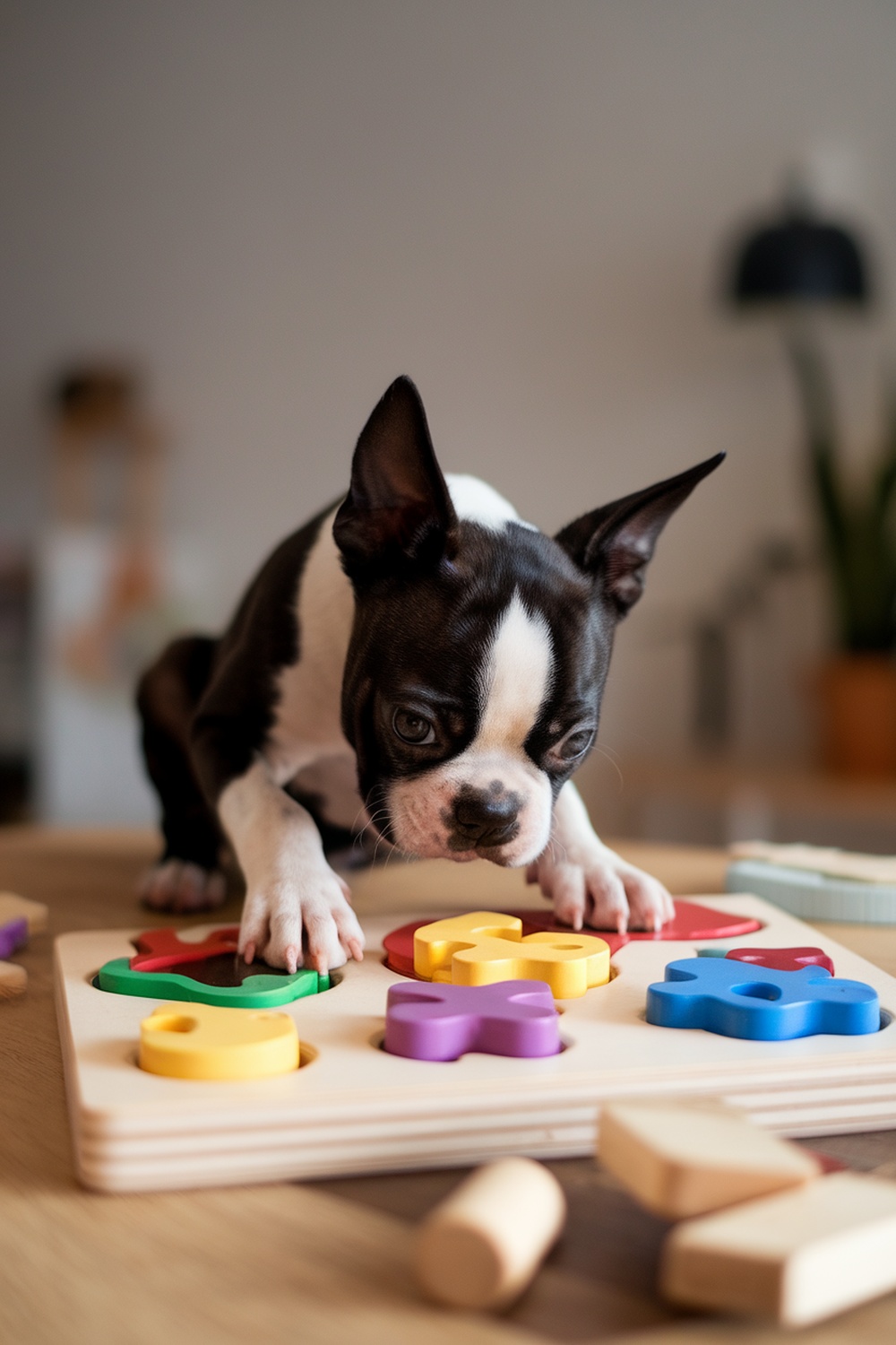 A Boston Terrier puppy playing with a colorful puzzle toy.