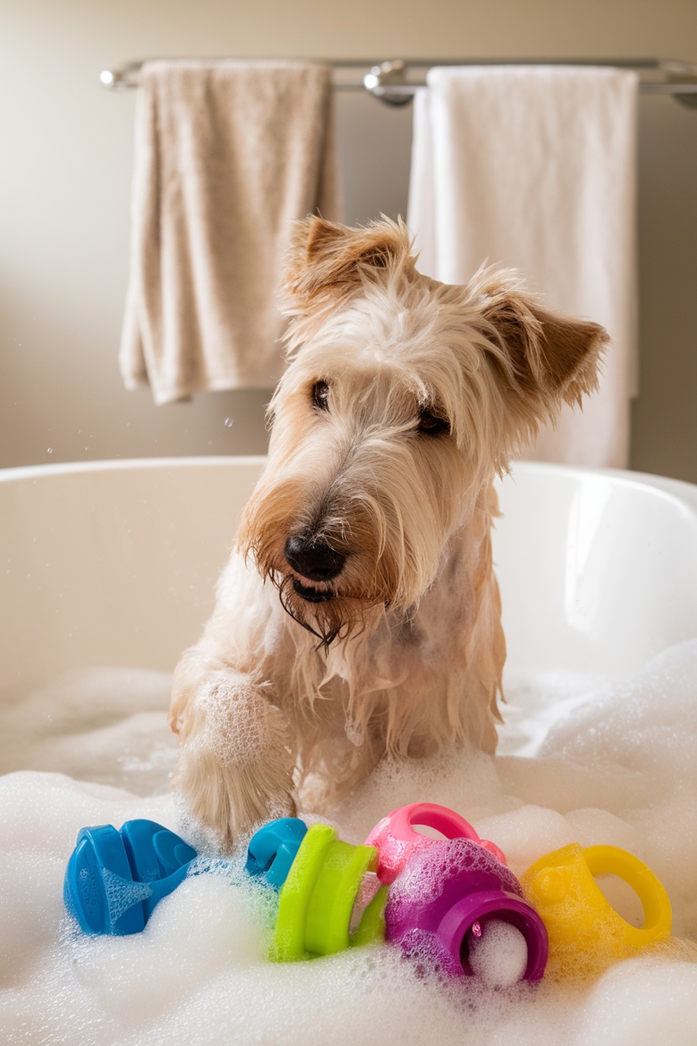 A Wheaten Terrier enjoying a bubbly bath with colorful toys.