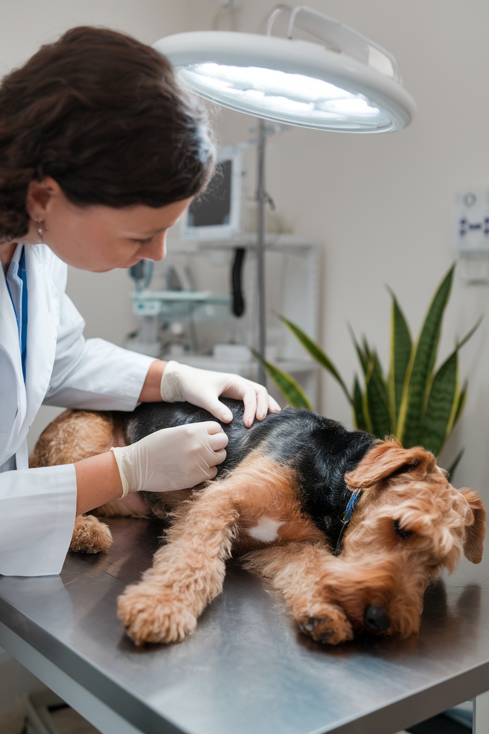 Airedale Terrier receiving a check-up at the vet