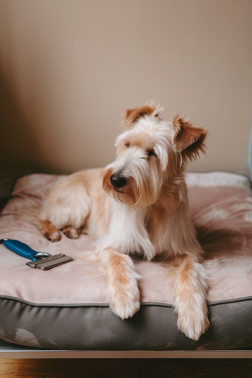 A Wheaten Terrier resting on a soft bed after grooming.