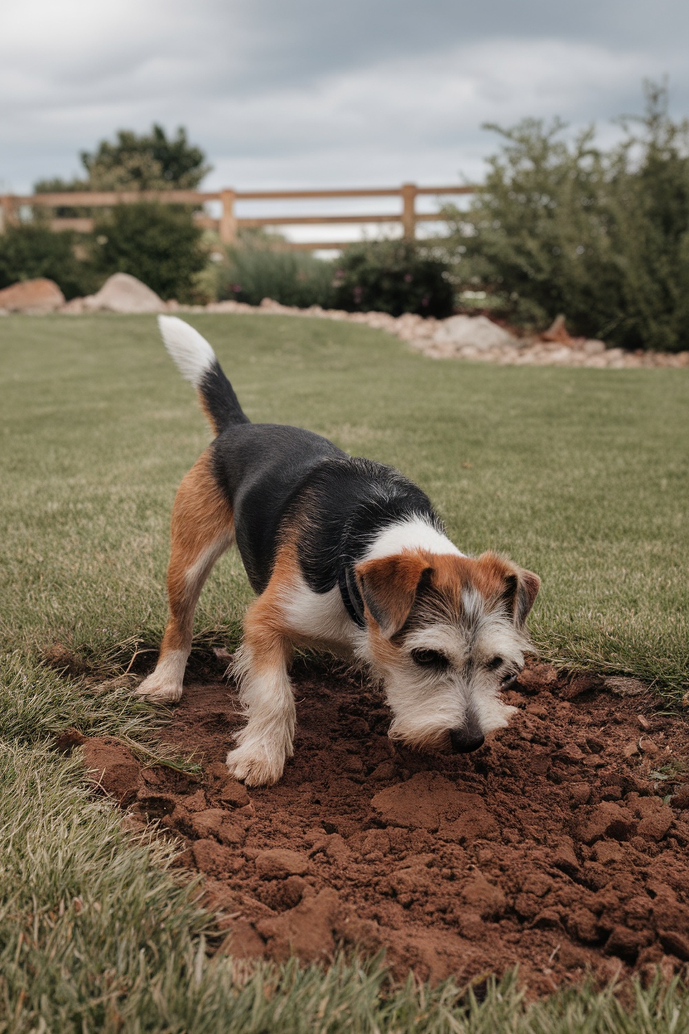 A Border Terrier digging in the garden.